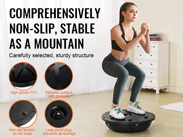 VEVOR balance ball trainer with non-slip textured surface, high-grade pvc, and leak-proof plug for stability.
