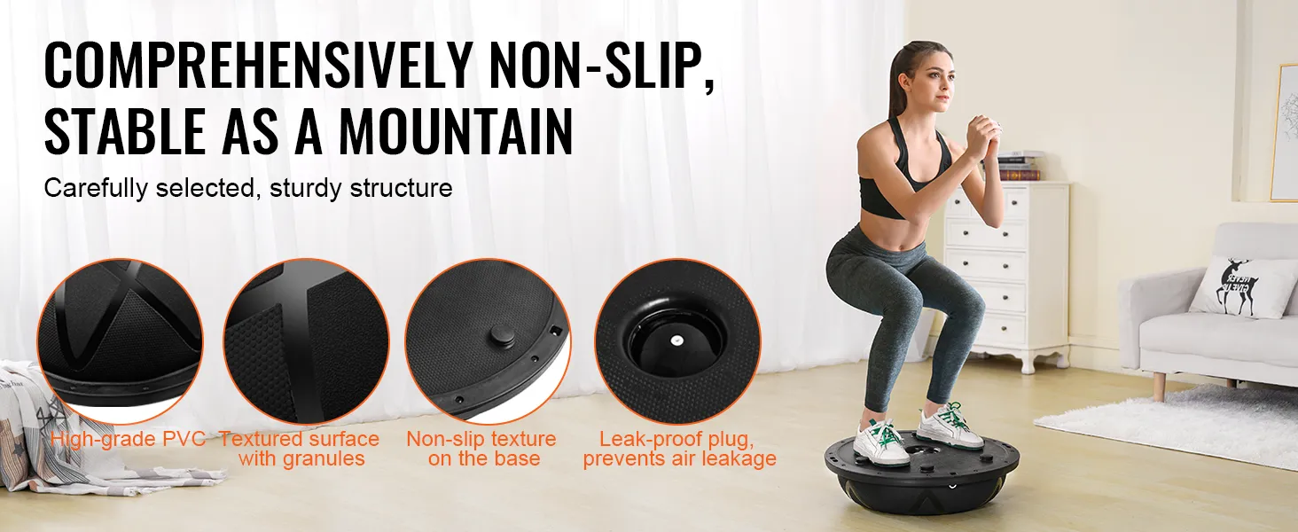 VEVOR balance ball trainer with non-slip textured surface, high-grade pvc, and leak-proof plug for stability.