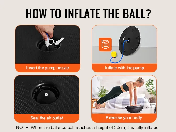 insert the pump nozzle, inflate the pump, seal the air outlet, and exercise with the VEVOR balance ball trainer.