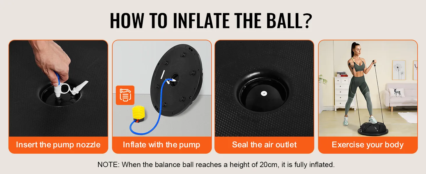 insert the pump nozzle, inflate the pump, seal the air outlet, and exercise with the VEVOR balance ball trainer.