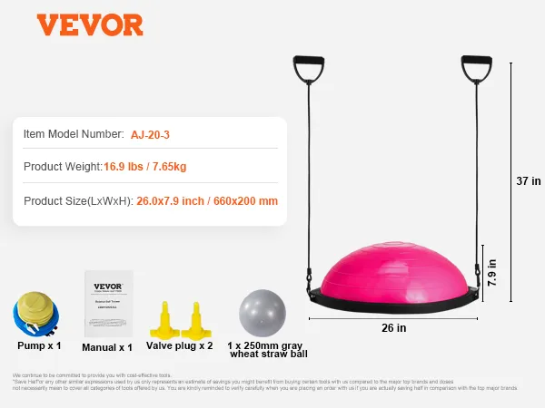 VEVOR balansbaltrainer met pomp, handleiding, ventieldoppen en grijze tarwestrobal, productafmetingen.