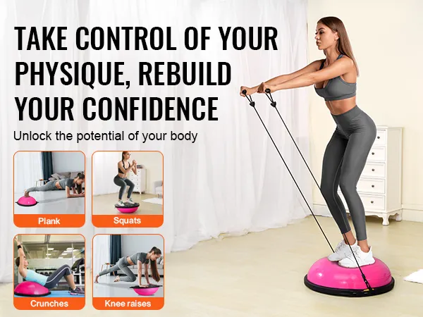 persoon die traint met een VEVOR balance ball trainer met plank, squats, crunches en knee raises