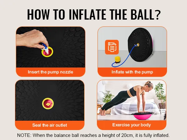 Zo blaas je de VEVOR balance ball trainer op: plaats het pompmondstuk, blaas op, sluit de luchtuitlaat af en begin met trainen.