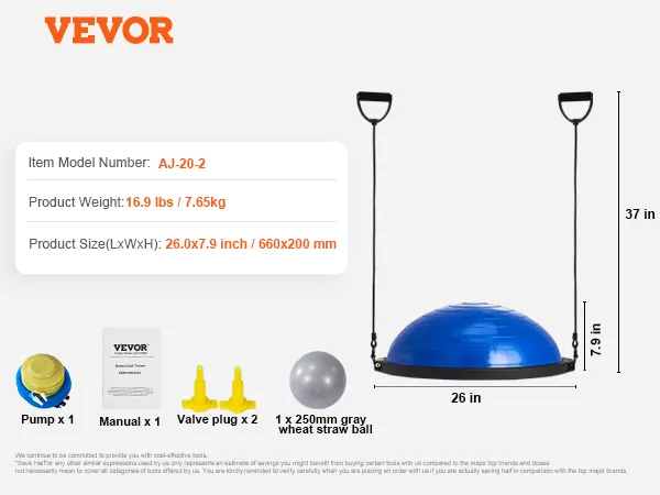 VEVOR balance ball trainer with resistance bands, pump, manual, 2 valve plugs, and gray wheat straw ball.