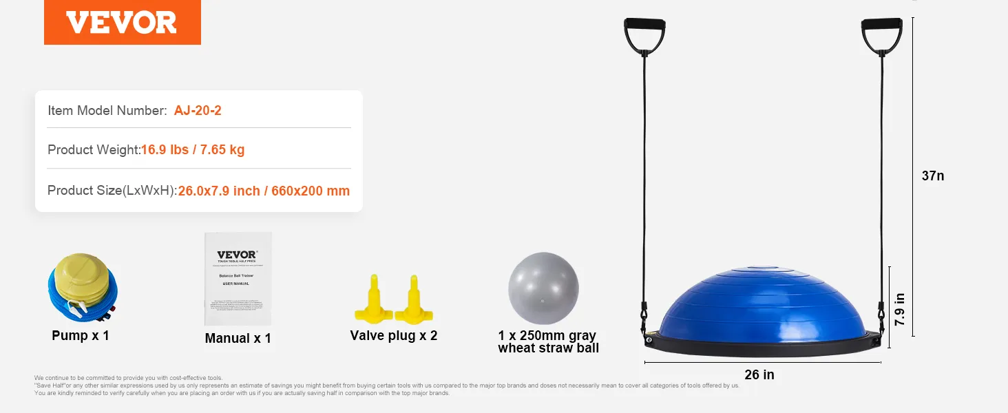 VEVOR balance ball trainer with resistance bands, pump, manual, 2 valve plugs, and gray wheat straw ball.