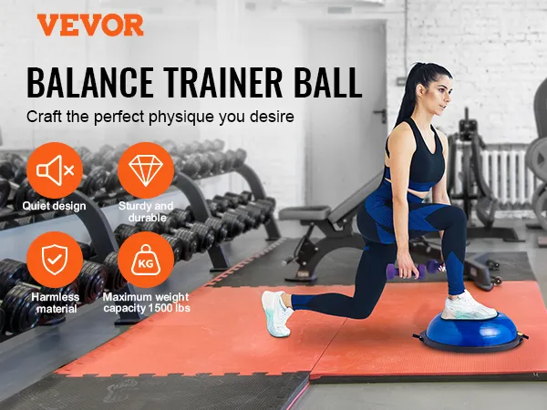 woman exercising on VEVOR balance ball trainer in gym, showcasing quiet design, sturdy build, and 1500 lbs capacity.