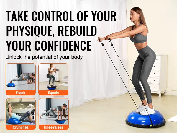 woman using VEVOR balance ball trainer with images of plank, squats, crunches, and knee raises exercises.