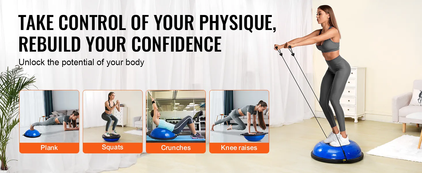 woman using VEVOR balance ball trainer with images of plank, squats, crunches, and knee raises exercises.