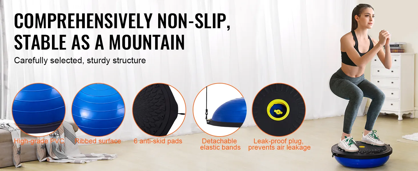 VEVOR balance ball trainer: non-slip, high-grade pvc, ribbed surface, anti-skid pads, elastic bands.