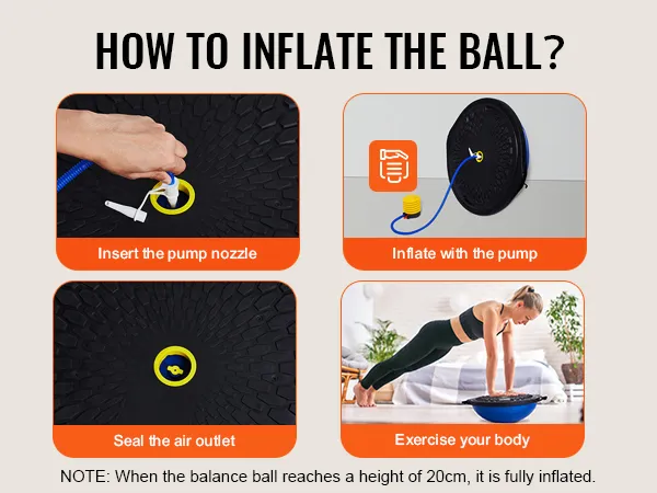 how to inflate the VEVOR balance ball trainer with step-by-step instructions: insert nozzle, pump, seal, exercise.
