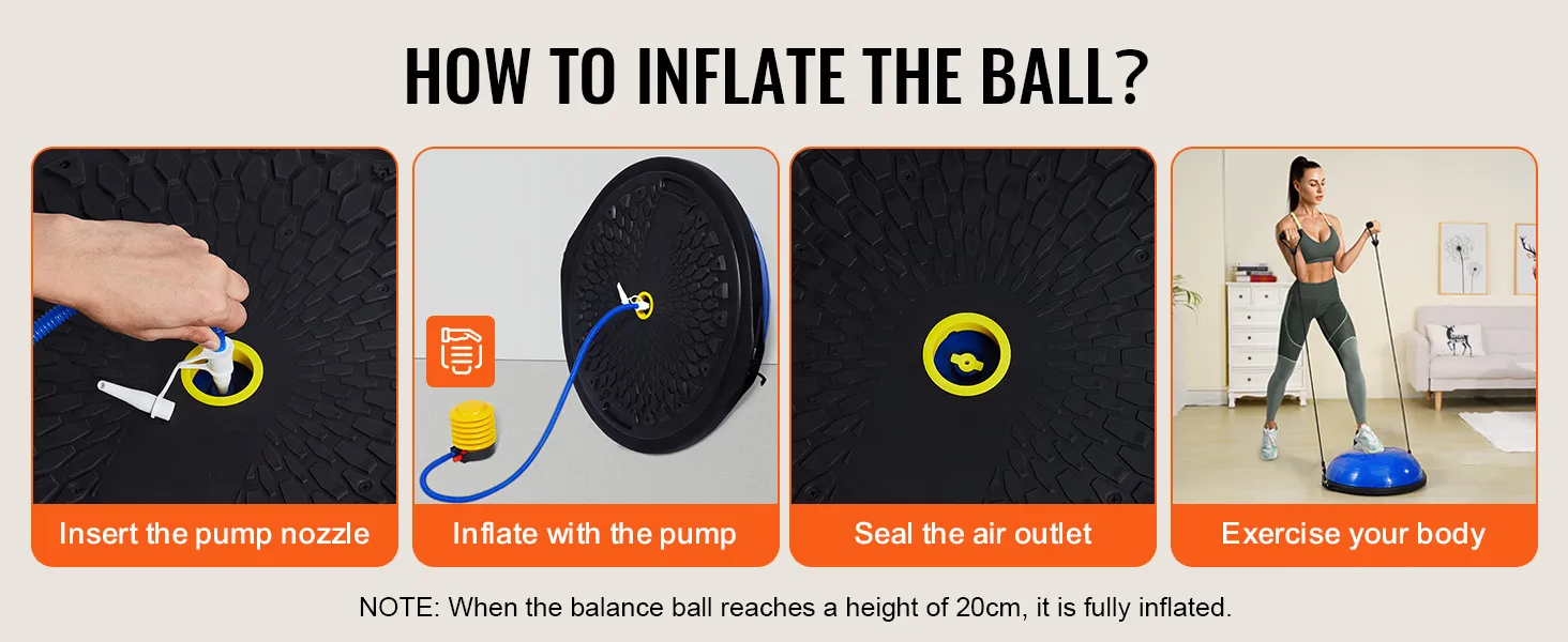 how to inflate the VEVOR balance ball trainer with step-by-step instructions: insert nozzle, pump, seal, exercise.