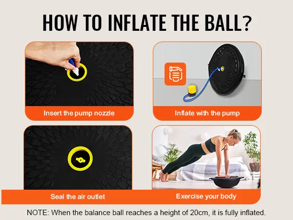 how to inflate VEVOR balance ball trainer including nozzle insertion, pump use, and sealing outlet.