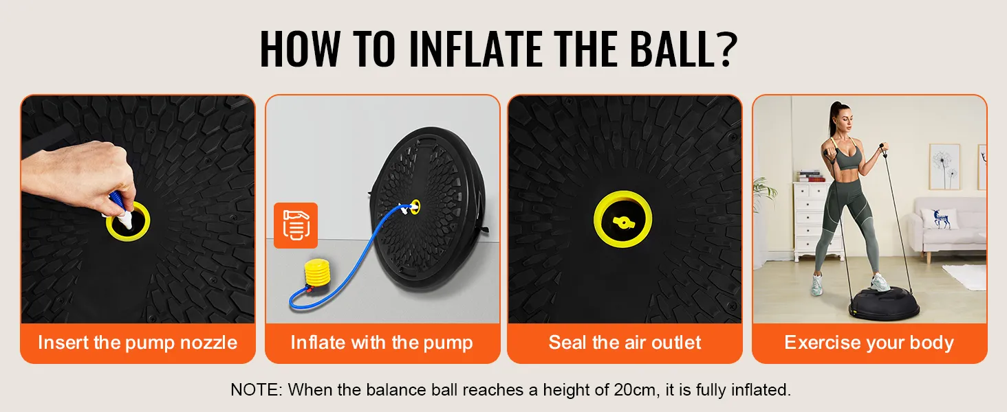 how to inflate VEVOR balance ball trainer including nozzle insertion, pump use, and sealing outlet.