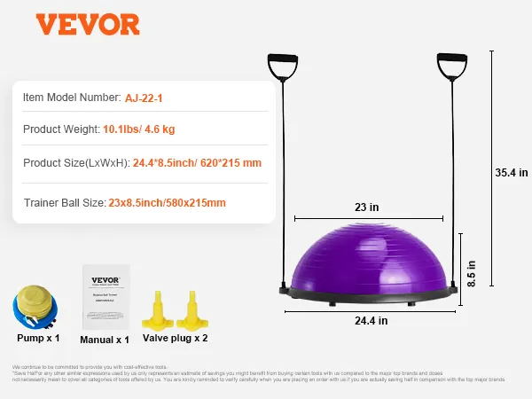VEVOR half exercise ball trainer, 23x8.5 in, 10.1 lbs, with pump, manual, and valve plugs.