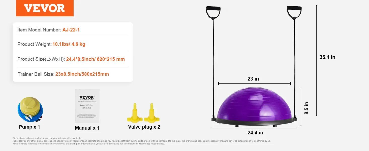 VEVOR half exercise ball trainer, 23x8.5 in, 10.1 lbs, with pump, manual, and valve plugs.