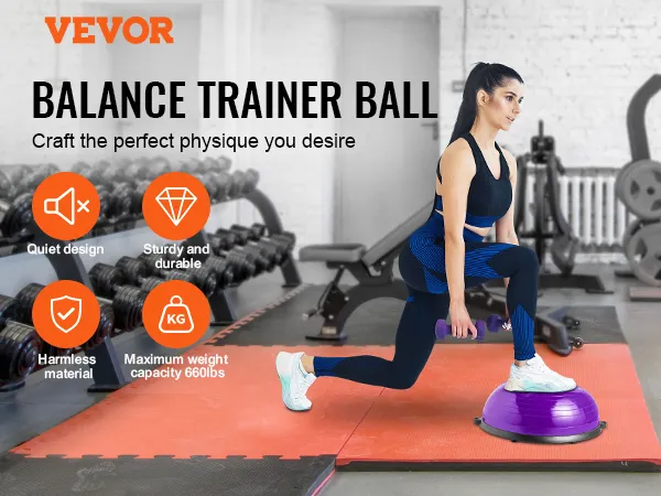 VEVOR half exercise ball trainer in a gym setting with key benefits highlighted: quiet, durable, safe, 660lbs capacity.