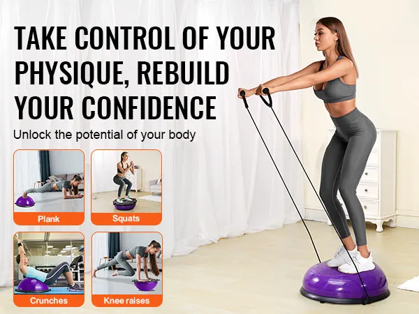 woman using VEVOR half exercise ball trainer for squats, with images of plank, squats, crunches, knee raises.