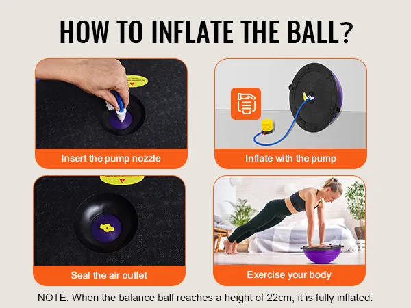 instructions on inflating the VEVOR half exercise ball trainer, showing each step and a person using it.