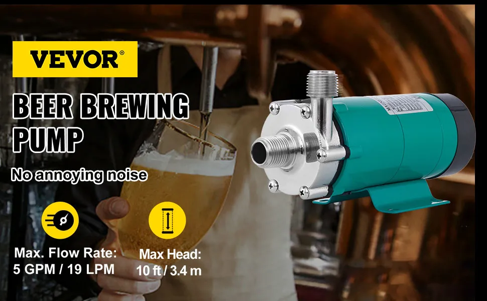 Bomba de preparación magnética VEVOR mostrada con caudal máximo y especificaciones de altura en configuración de preparación.