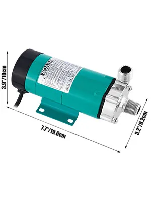 Bomba de preparación magnética VEVOR, cuerpo cilíndrico verde con dimensiones etiquetadas.