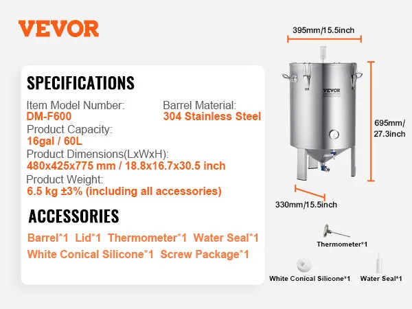 Fermentor do warzenia piwa VEVOR ze stali nierdzewnej, pojemność 60 l, model dm-f600 z akcesoriami i wymiarami.