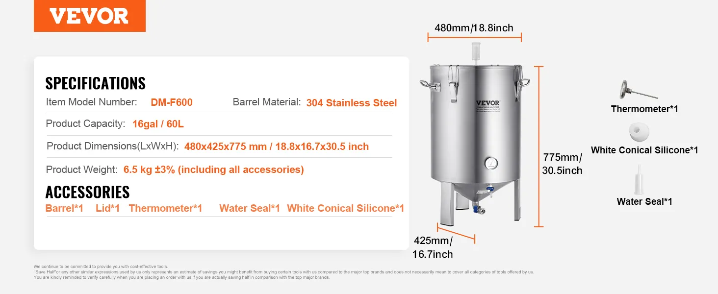 Fermentor do warzenia piwa VEVOR ze stali nierdzewnej, pojemność 60 l, model dm-f600 z akcesoriami i wymiarami.