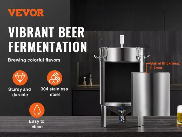 Fermentator do piwa VEVOR ze stali nierdzewnej, solidny i trwały, ze szklankami do piwa na nowoczesnym blacie kuchennym.