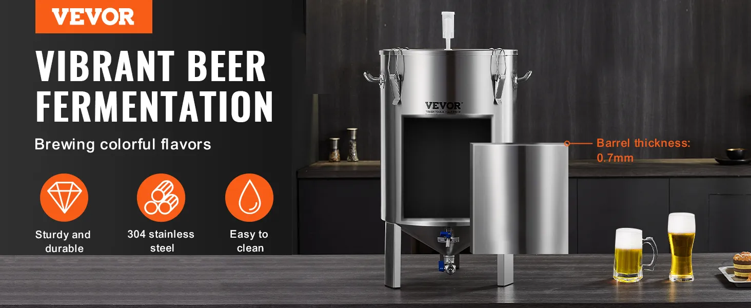Fermentator do piwa VEVOR ze stali nierdzewnej, solidny i trwały, ze szklankami do piwa na nowoczesnym blacie kuchennym.