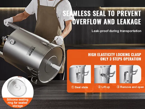 Fermentor do warzenia piwa VEVOR z bezszwowym zamknięciem, bardzo elastycznym zamknięciem i silikonowym pierścieniem.