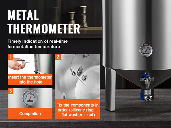 Fermentator do warzenia piwa VEVOR z metalowym termometrem do monitorowania temperatury fermentacji w czasie rzeczywistym.