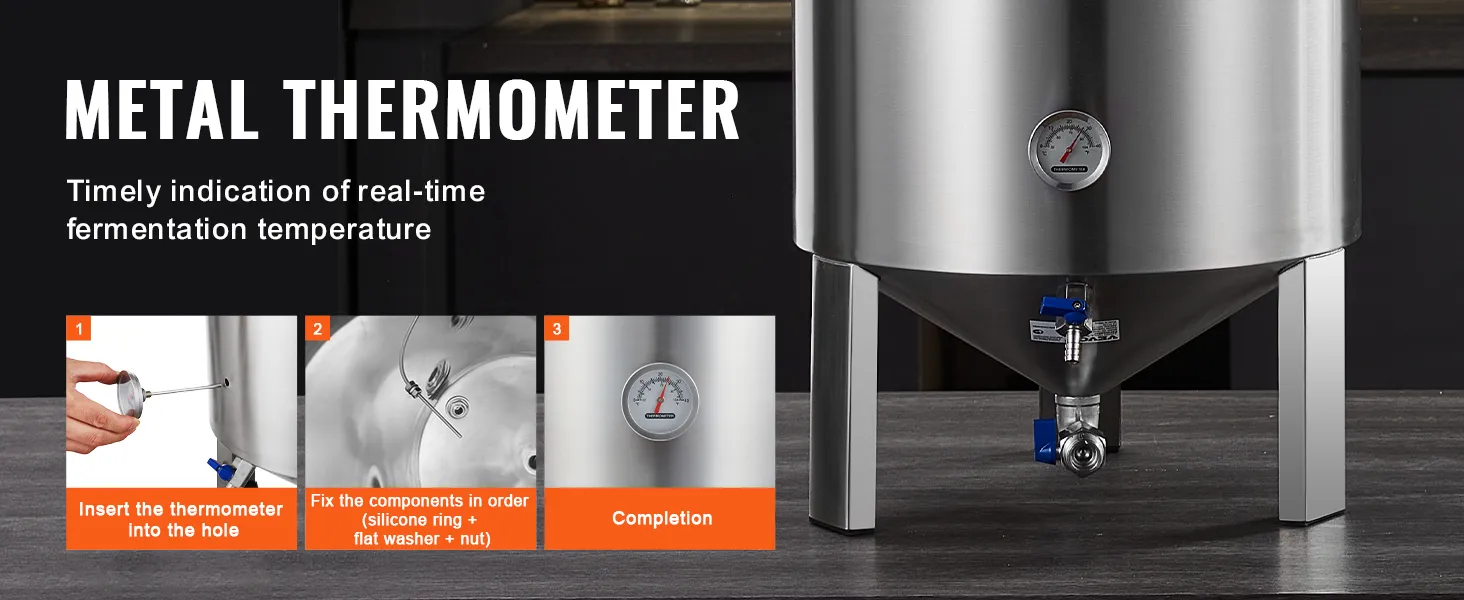 Fermentator do warzenia piwa VEVOR z metalowym termometrem do monitorowania temperatury fermentacji w czasie rzeczywistym.