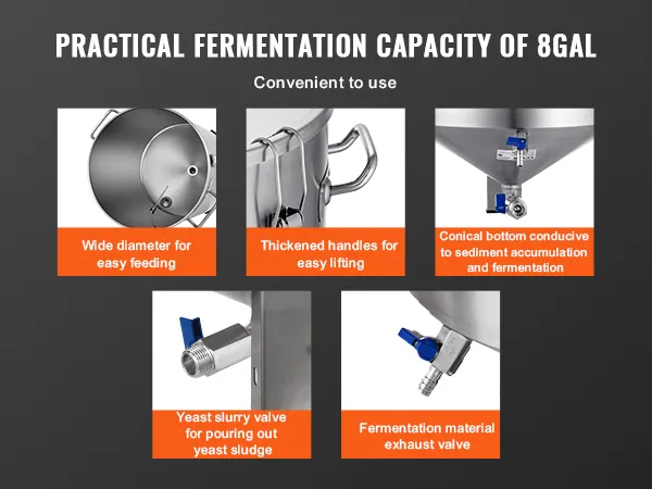Fermentor do warzenia piwa VEVOR, pojemność 8 galonów, szeroka średnica, grube uchwyty, stożkowe dno, zawór szlamowy.