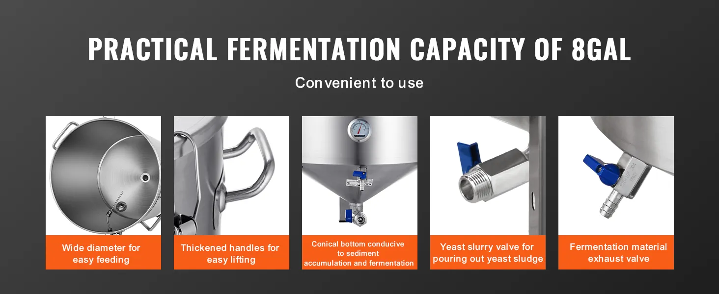 Fermentor do warzenia piwa VEVOR, pojemność 8 galonów, szeroka średnica, grube uchwyty, stożkowe dno, zawór szlamowy.