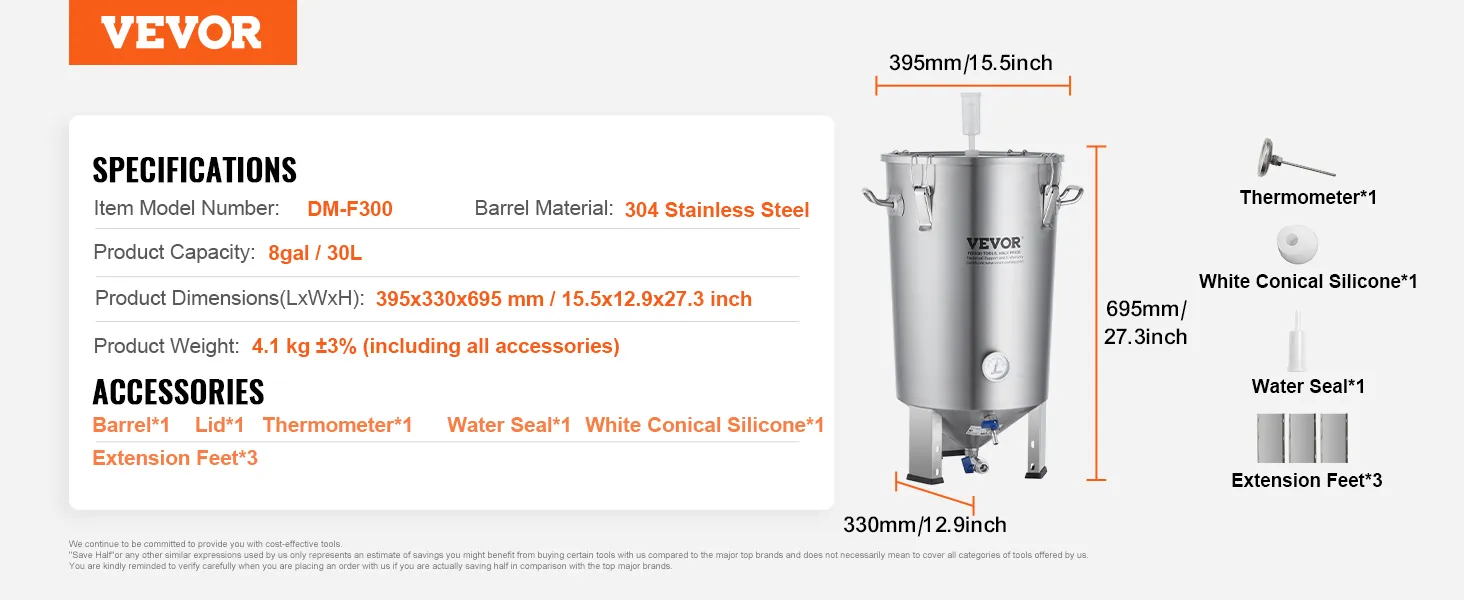 VEVOR 8 gallon beer brew kettle specifications: 304 stainless steel, 695mm height, 395mm width, accessories included.