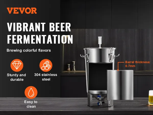VEVOR 8 gallon beer brew kettle displayed in a kitchen setting with beer cups, promoting durability and ease of cleaning.