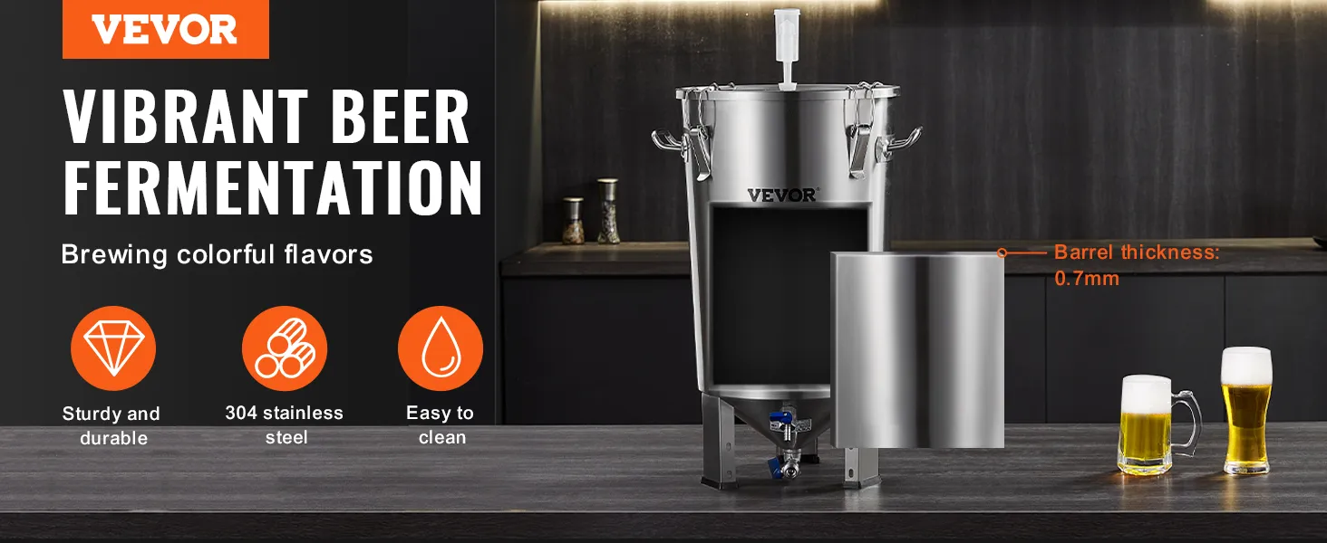 VEVOR 8 gallon beer brew kettle displayed in a kitchen setting with beer cups, promoting durability and ease of cleaning.