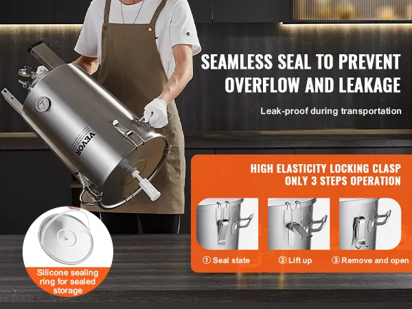 VEVOR 8 gallon beer brew kettle with seamless seal, silicone ring, and 3-step high elasticity locking clasp.