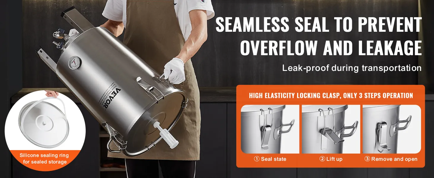 VEVOR 8 gallon beer brew kettle with seamless seal, silicone ring, and 3-step high elasticity locking clasp.