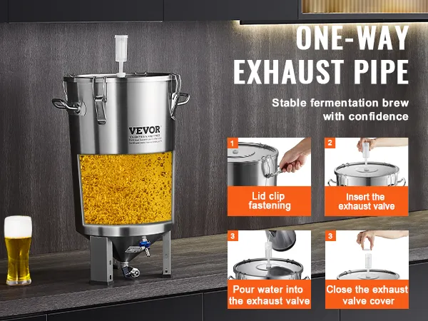 VEVOR 8 gallon beer brew kettle with one-way exhaust pipe and instructions for secure fermentation.