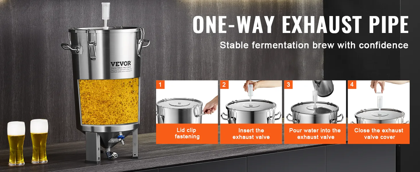 VEVOR 8 gallon beer brew kettle with one-way exhaust pipe and instructions for secure fermentation.