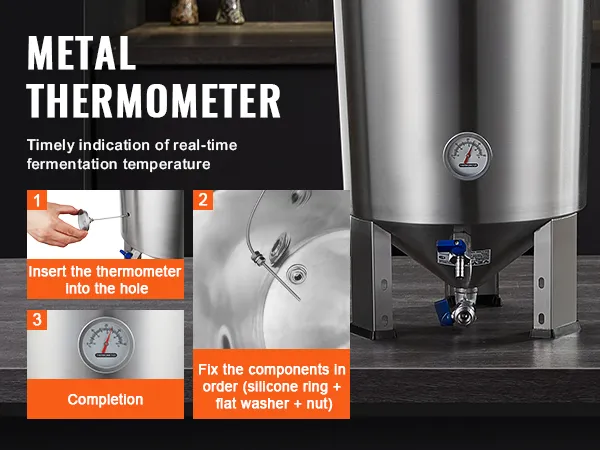VEVOR 8 gallon beer brew kettle with metal thermometer for real-time fermentation temperature.