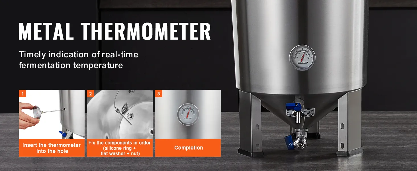 VEVOR 8 gallon beer brew kettle with metal thermometer for real-time fermentation temperature.