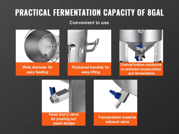 VEVOR 8 gallon beer brew kettle with thickened handles, wide diameter, conical bottom, yeast slurry, and exhaust valves.