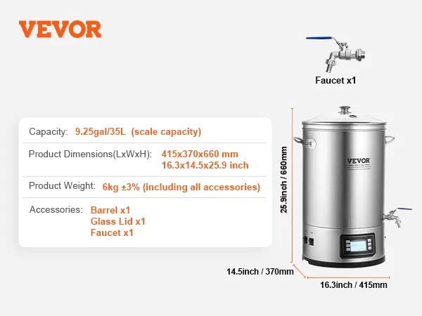 VEVOR elektrisch koffiezetsysteem met een capaciteit van 35 liter, digitaal display, kraan en gedetailleerde afmetingen.