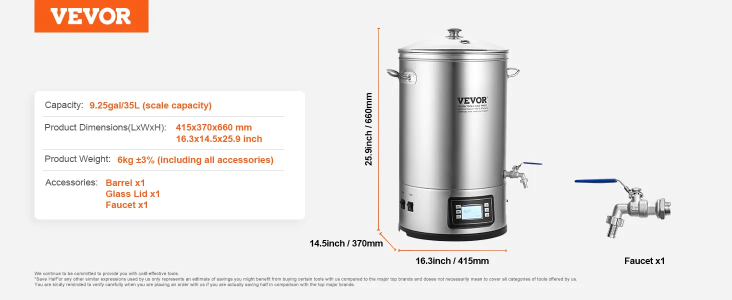 VEVOR elektrisch koffiezetsysteem met een capaciteit van 35 liter, digitaal display, kraan en gedetailleerde afmetingen.