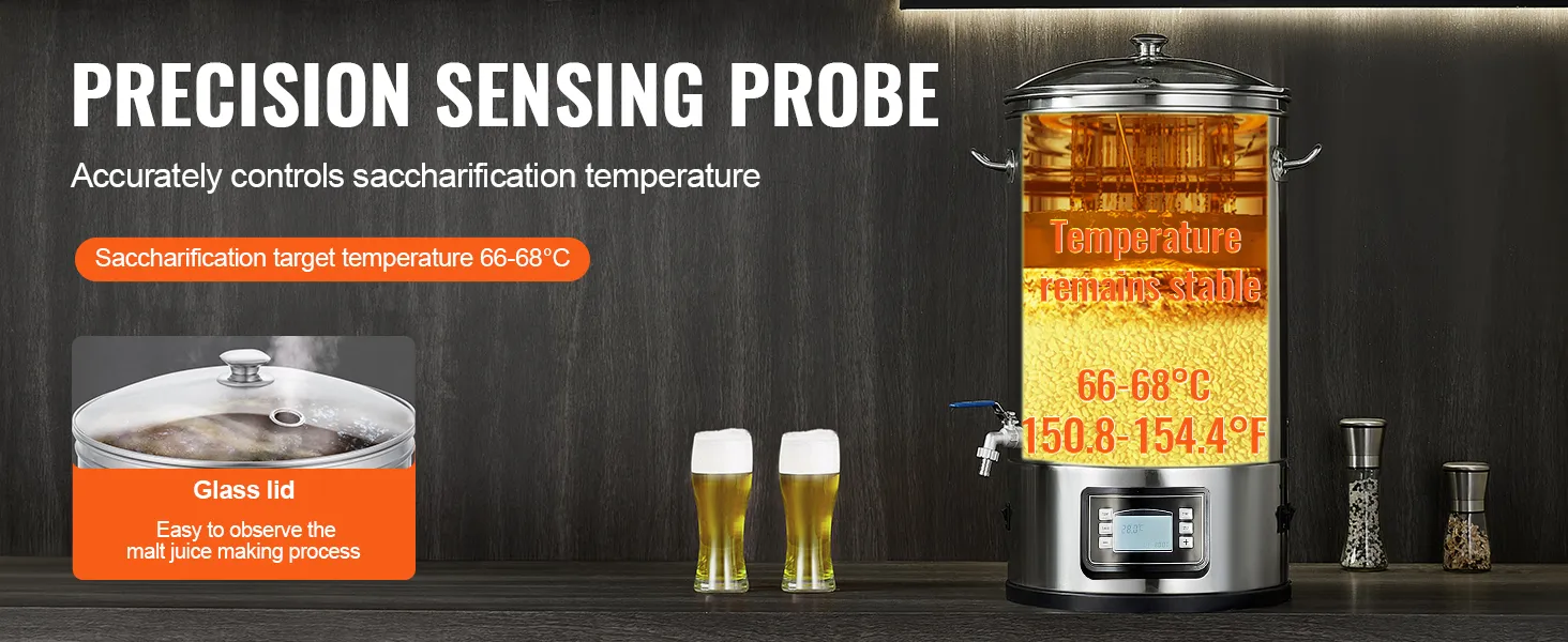 VEVOR elektrisch koffiezetsysteem met nauwkeurige sensor, stabiele temperatuur en glazen deksel voor controle.