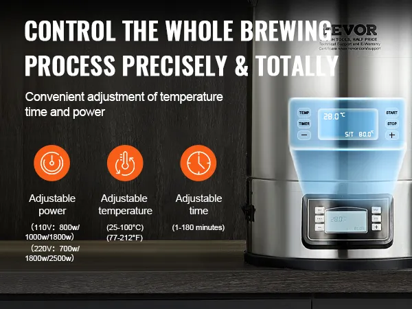 VEVOR elektrisch koffiezetsysteem met instelbaar vermogen, temperatuur (25-100°C) en tijd (1-180 min.).