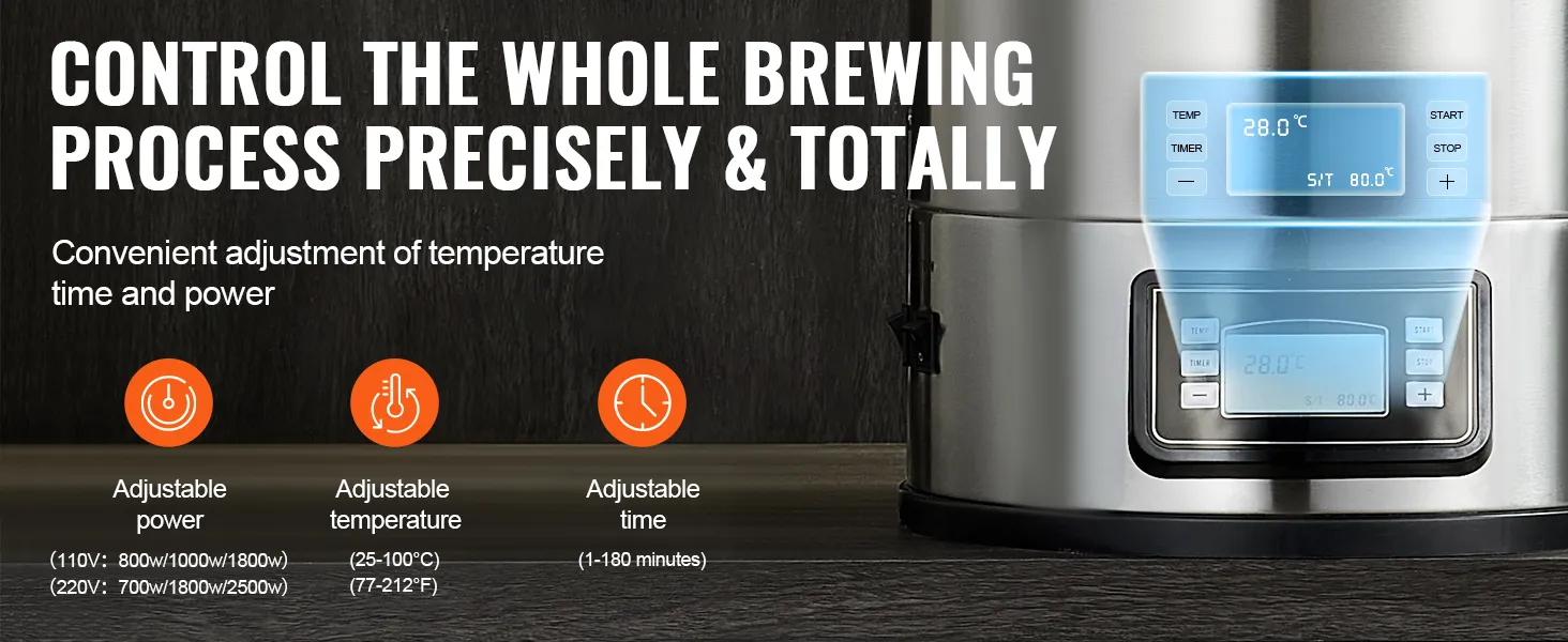 VEVOR elektrisch koffiezetsysteem met instelbaar vermogen, temperatuur (25-100°C) en tijd (1-180 min.).