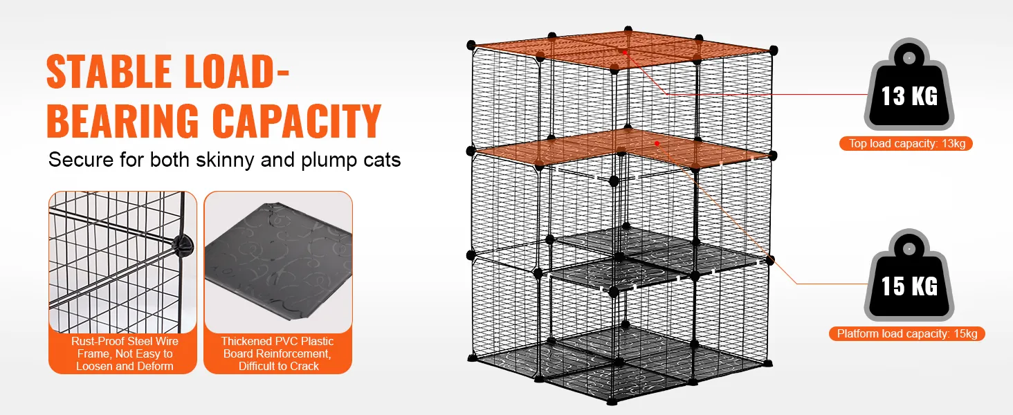 VEVOR nagy, 3-szintes macskaketrec, 28 x 28 x 41", saját kezűleg levehető, fémdrótos, tartós macskaház, nagy függőággyal, 2 rámpás létrával, macskák beltéri és kültéri testmozgásához, könnyen összeszerelhető, fekete
