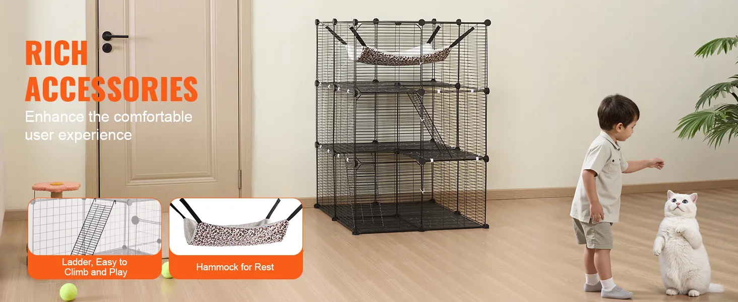 VEVOR nagy, 3-szintes macskaketrec, 28 x 28 x 41", saját kezűleg levehető, fémdrótos, tartós macskaház, nagy függőággyal, 2 rámpás létrával, macskák beltéri és kültéri testmozgásához, könnyen összeszerelhető, fekete